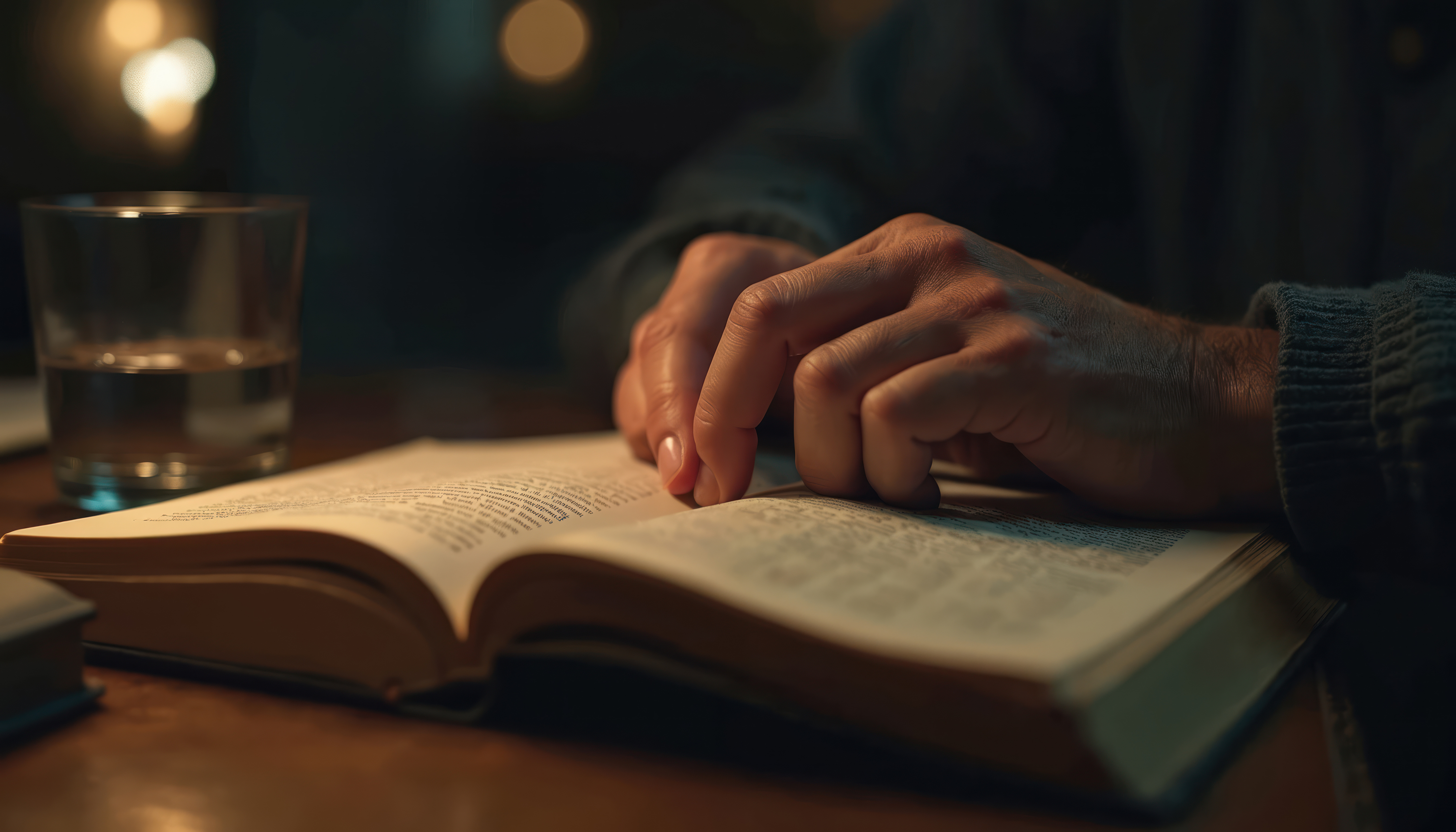 Adult reader consulting an open book during evening study